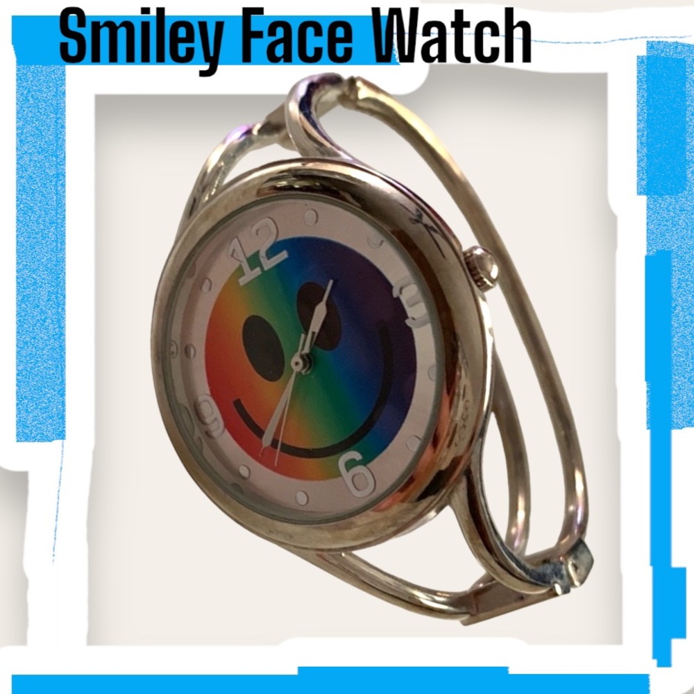 Colorful Smiley Face Watch with Silver Cuff